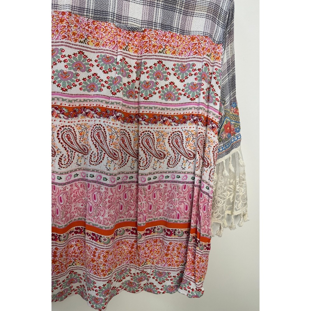 John Mark Boho Embroidered Plaid Tunic Top Lace Tassel Sleeve Blouse Womens XL - Picture 11 of 14